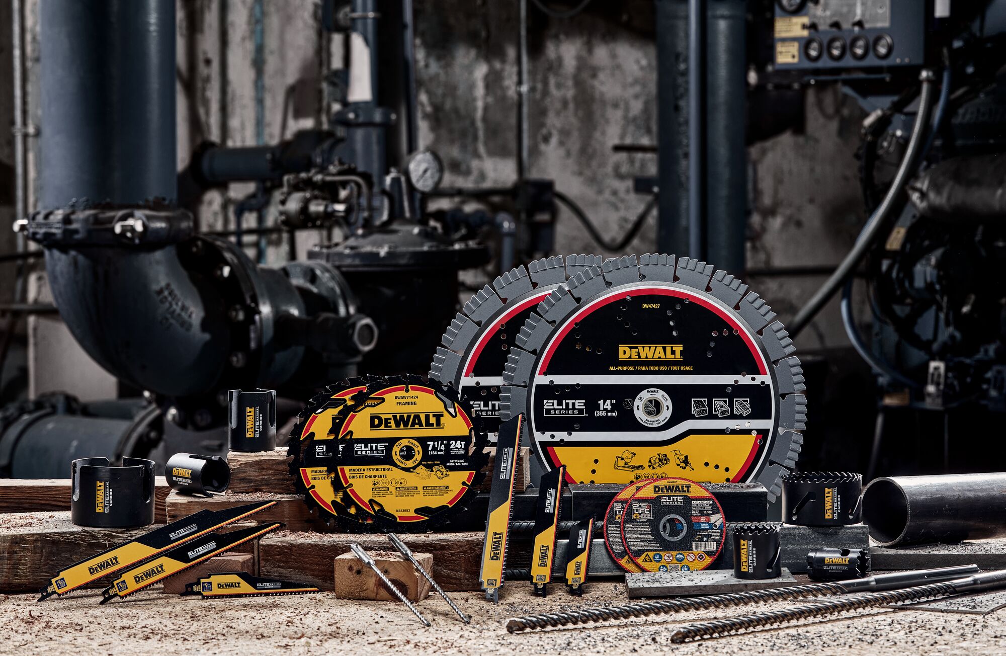 Front view of ELITE SERIES(TM) family of accessories including holesaws, reciprocating blades, circular saw blades and cutting wheels