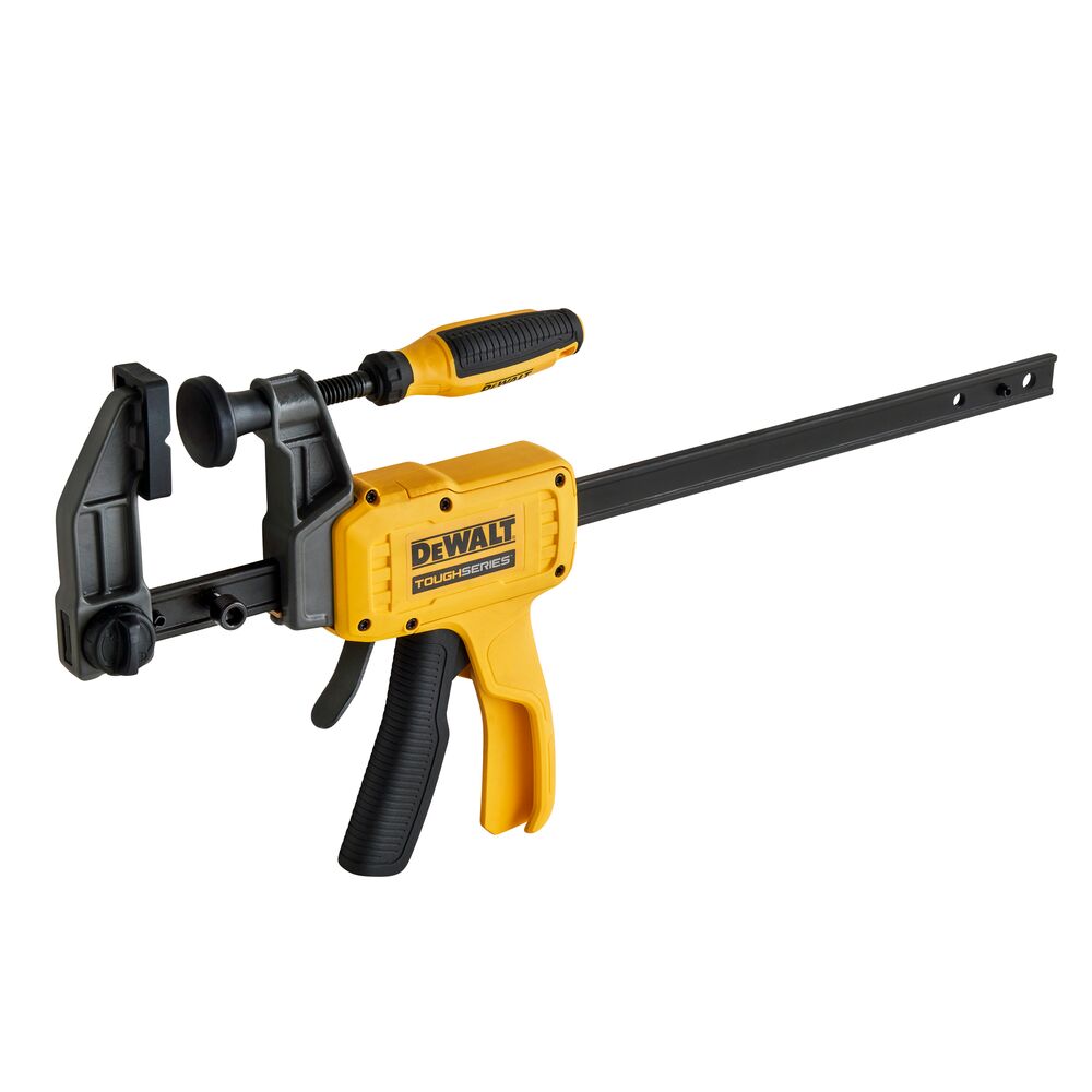Profile view of Dewalt 12 inch hybrid clamp on white at a 3/4 view from the left