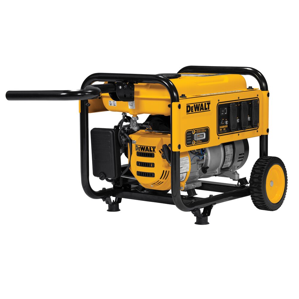Left profile of 4000 WATT PORTABLE GAS GENERATOR with locking handle pulled up.