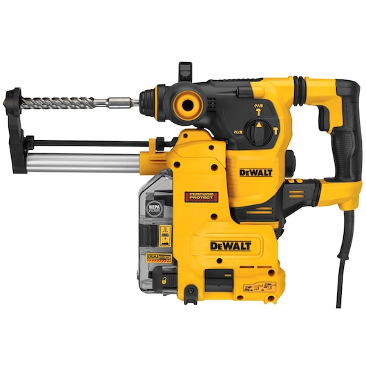 Profile of SDS Plus rotary hammer with attached dust extractor