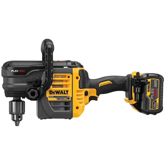 Profile of FLEXVOLT Stud and joist drill without side handle having a battery.