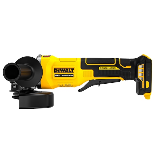 DEWALT 4.5" Paddle Switch Small Angle Grinder viewed straight on showing the front side on white background