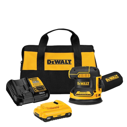 20V MAX* XR® Brushless 5 in. Cordless Variable-Speed Random Orbital Sander Kit on white background with 2AH 20V battery attached.