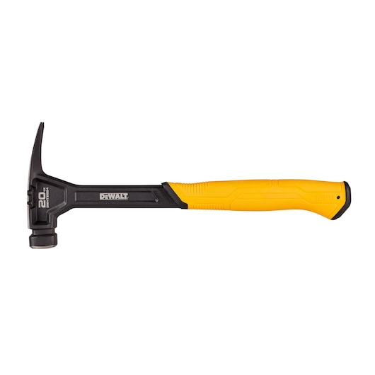 Left profile of 20 ounce steel rip claw nailing hammer.