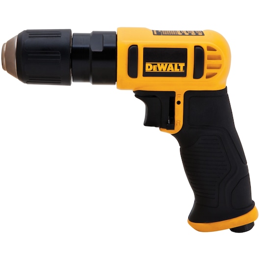 Profile of 3 eighths inch 3.6 C f m Pneumatic keyless reversible air drill.